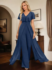 Jumpsuit/Pantsuit V-Neck Floor-Length Chiffon Evening Dress