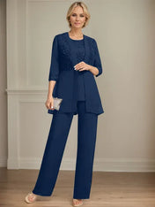 Jumpsuit/Pantsuit Separates Scoop Floor-Length Chiffon Lace Mother of the Bride Dress With Sequins