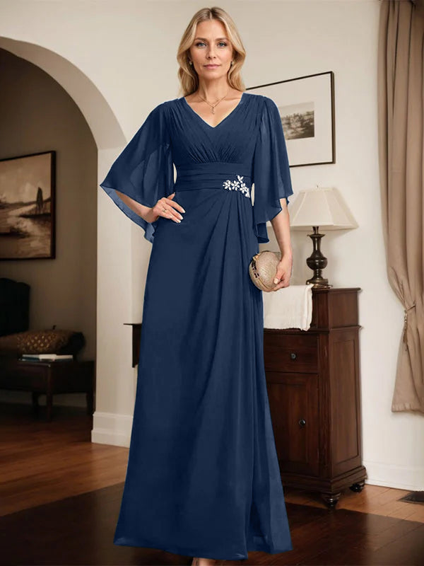 Column V-Neck Floor-Length Chiffon Mother of the Bride Dress With Pleated Sequins Beading