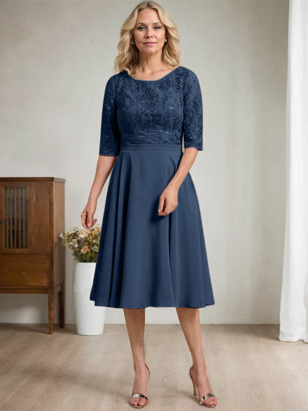 A-line Scoop Knee-Length Lace Chiffon Mother of the Bride Dress