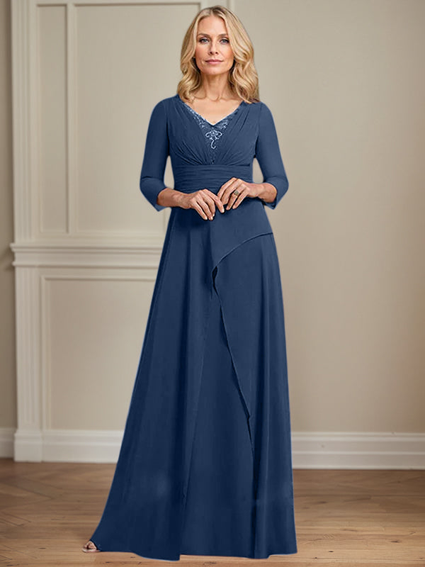 A-line V-Neck Floor-Length Chiffon Mother of the Bride Dress With Pleated Beading