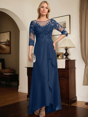 A-line Scoop Illusion Asymmetrical Lace Chiffon Mother of the Bride Dress With Sequins Cascading Ruffles