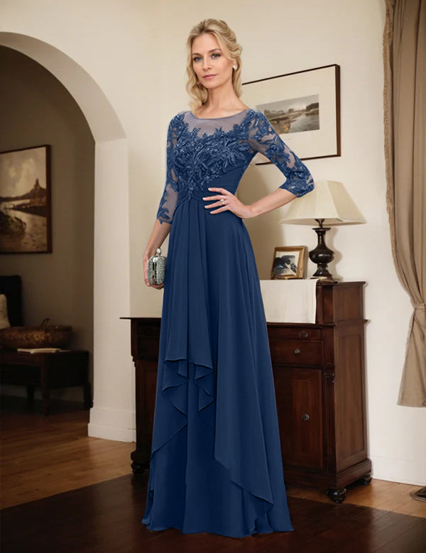 Robe de mère de la mariée trapèze en mousseline de soie et dentelle, longueur au sol, avec volants en cascade 