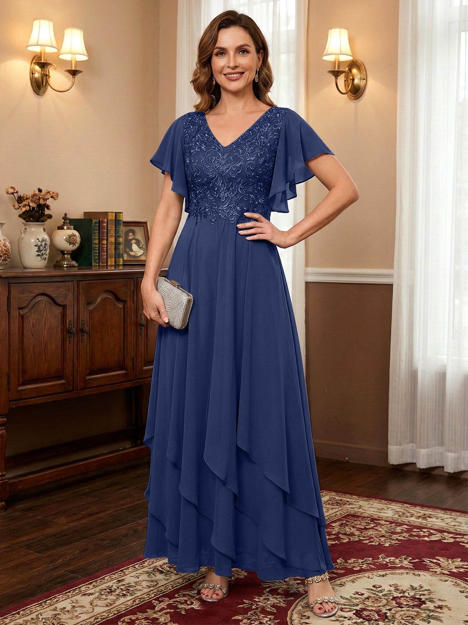 A-line V-Neck Ankle-Length Lace Chiffon Mother of the Bride Dress With Cascading Ruffles