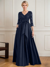 A-line V-Neck Floor-Length Satin Lace Mother of the Bride Dress With Sequins Bow