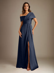 A-Line Asymmetrical Neckline Floor-Length Satin Mother of the Bride Dress With Pleated