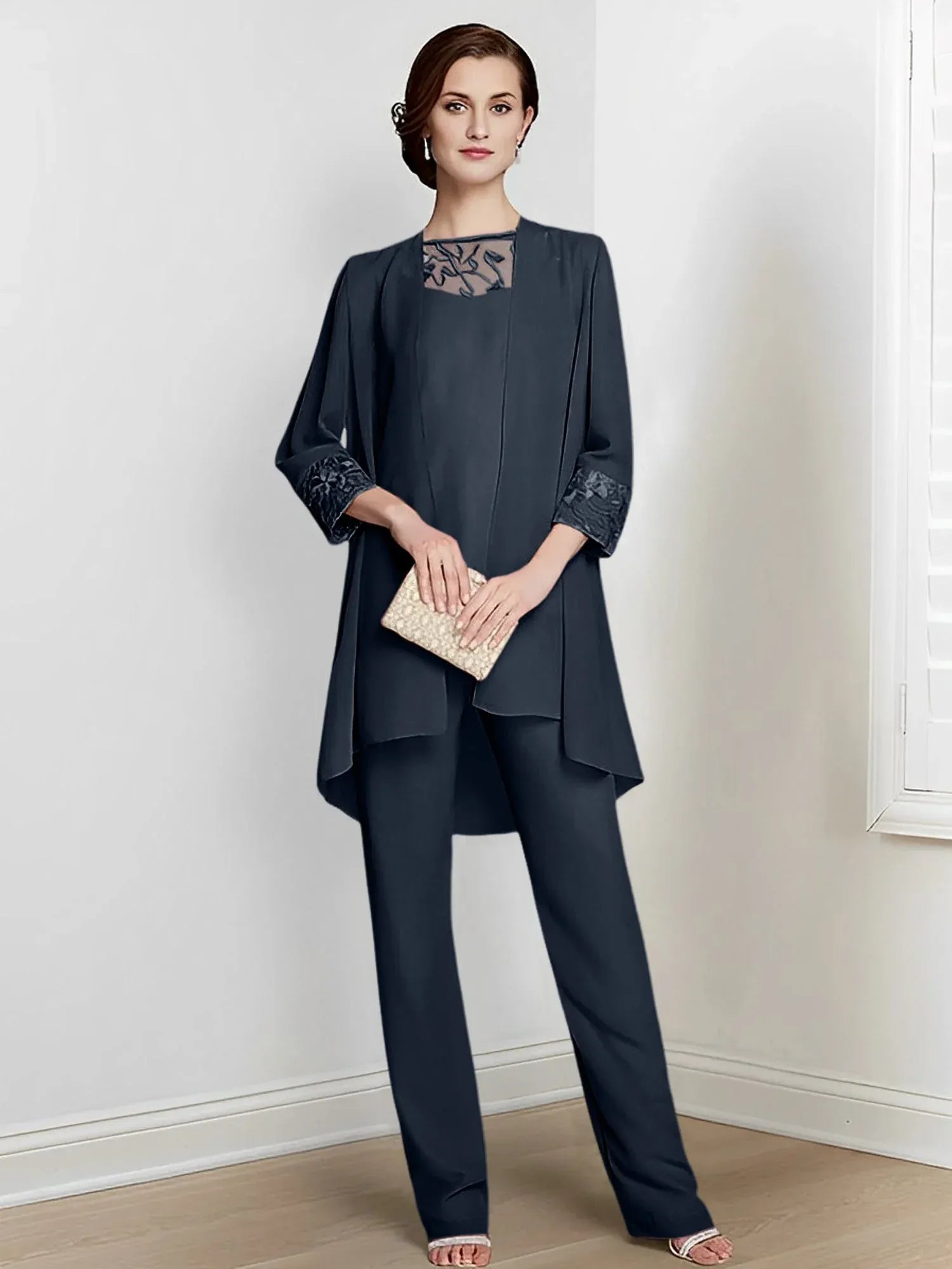 Tailleur-pantalon en mousseline à manches longues pour mère de la mariée avec veste 