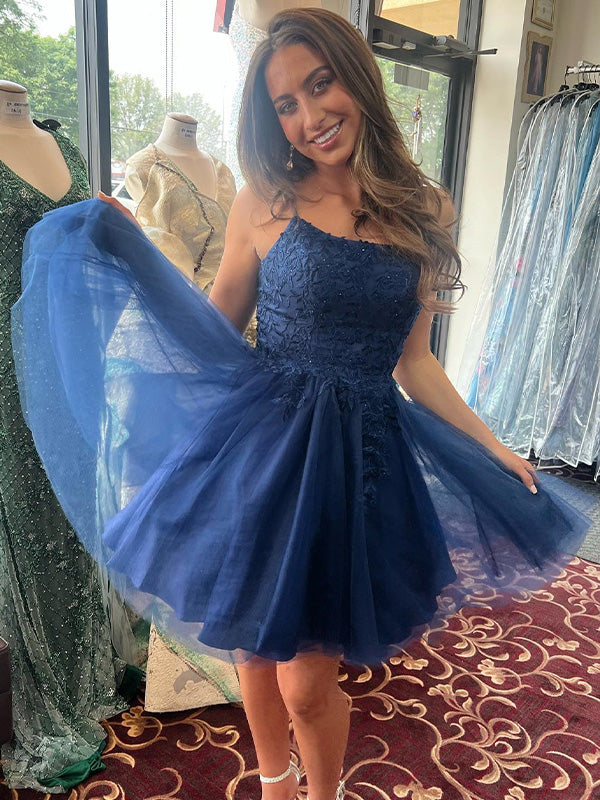 Navy Blue A-Line Spaghetti Straps Appliques Short Homecoming Dress