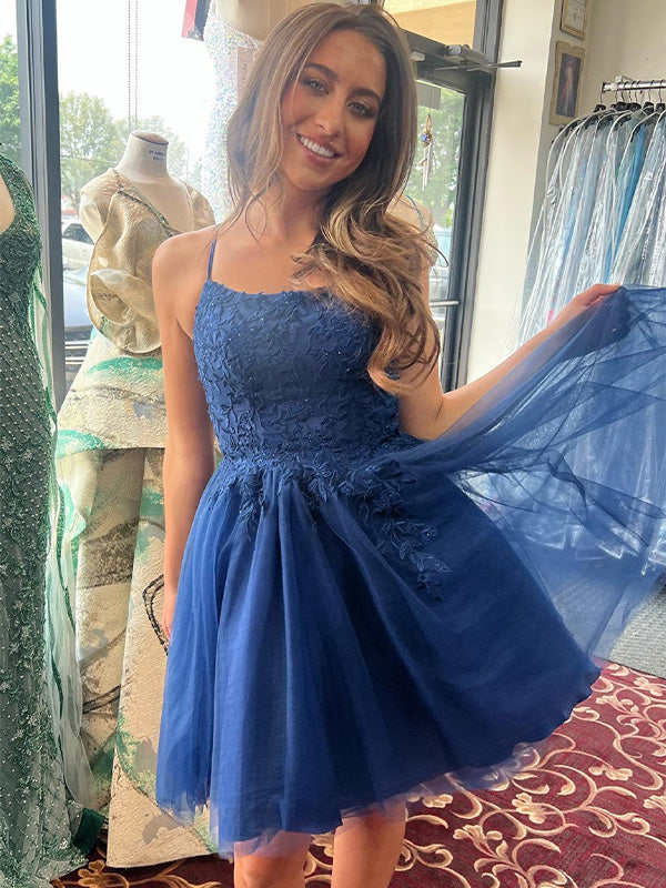 Navy Blue A-Line Spaghetti Straps Appliques Short Homecoming Dress