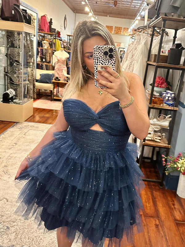 Navy Blue A Line Strapless Knotted Tiered Ruffle Short Homecoming Dress
