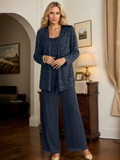 Navy Blue Chiffon Mother of the Bride Pantsuits with Jacket & Sequins
