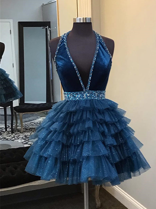Navy Blue Halter Beaded Tiered Short Homecoming Dress