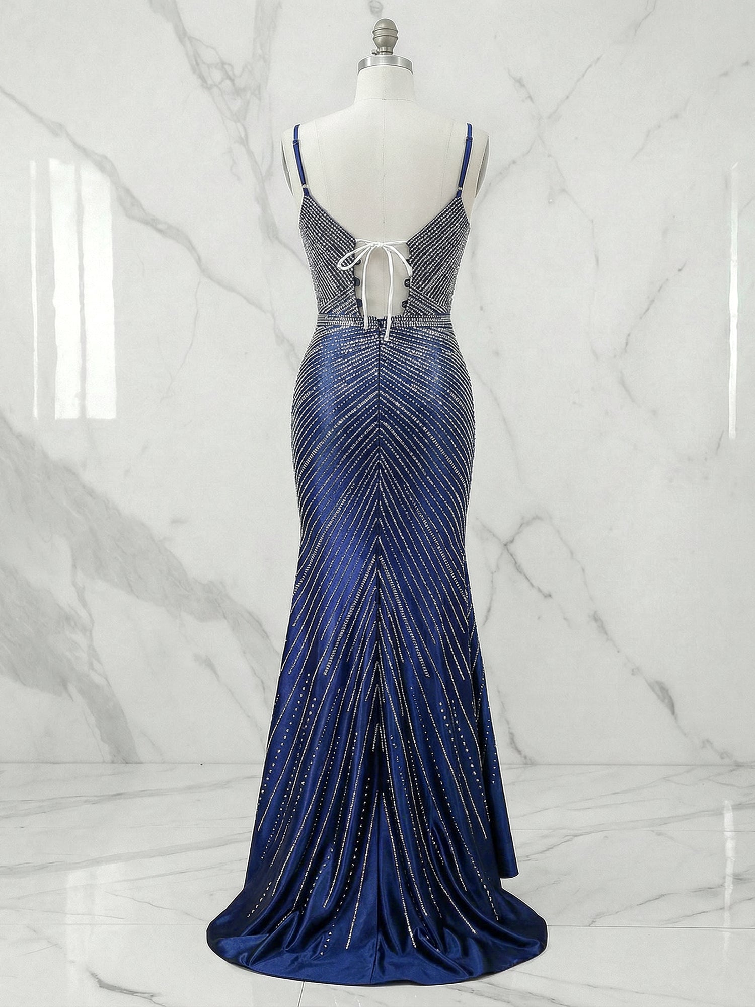 Navy Blue Linear Beaded Mermaid Satin Long Prom Dress with Slit