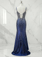 Navy Blue Linear Beaded Mermaid Satin Long Prom Dress with Slit