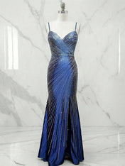 Navy Blue Linear Beaded Mermaid Satin Long Prom Dress with Slit