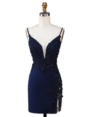 Navy Blue Spaghetti Straps Appliques Bodycon Short Homecoming Dress