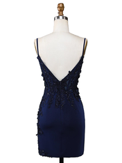 Navy Blue Spaghetti Straps Appliques Bodycon Short Homecoming Dress