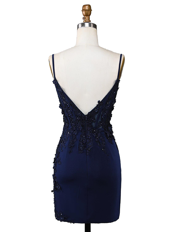 Dreamylily Women Navy Blue Spaghetti Straps Appliques Bodycon Short Homecoming Dress Dreamylily Women Navy Blue Spaghetti Straps Appliques Bodycon Short Homecoming Dress