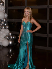 Navy Blue Strapless Sequin Prom Dress with Linear Beading