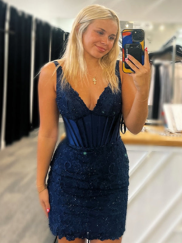 Navy Blue V-Neck Lace Beaded Bodycon Short Homecoming Dress