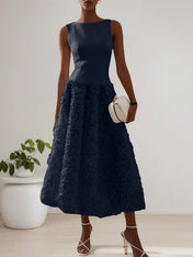 White 3D Floral Boat Neck A-Line Midi Dress