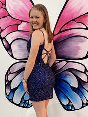 Navy Criss-Cross Straps Sequins Short Homecoming Dress