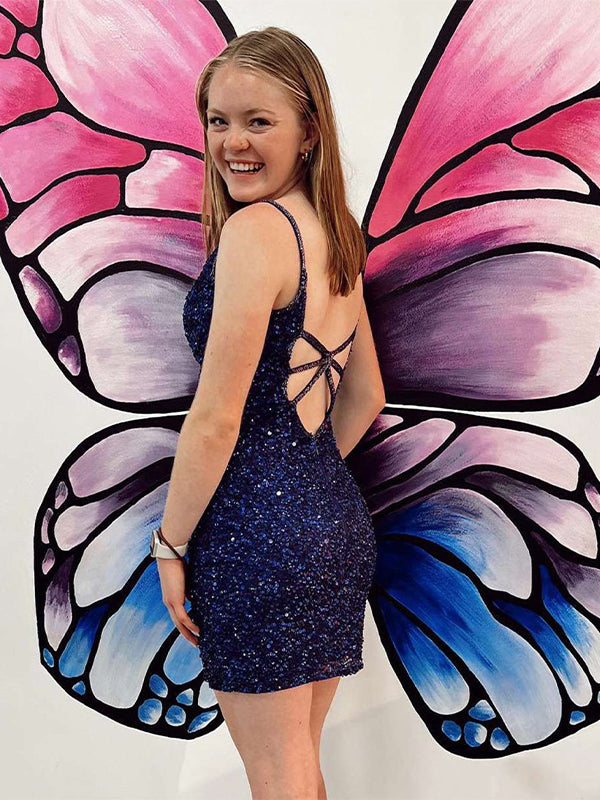 Navy Criss-Cross Straps Sequins Short Homecoming Dress