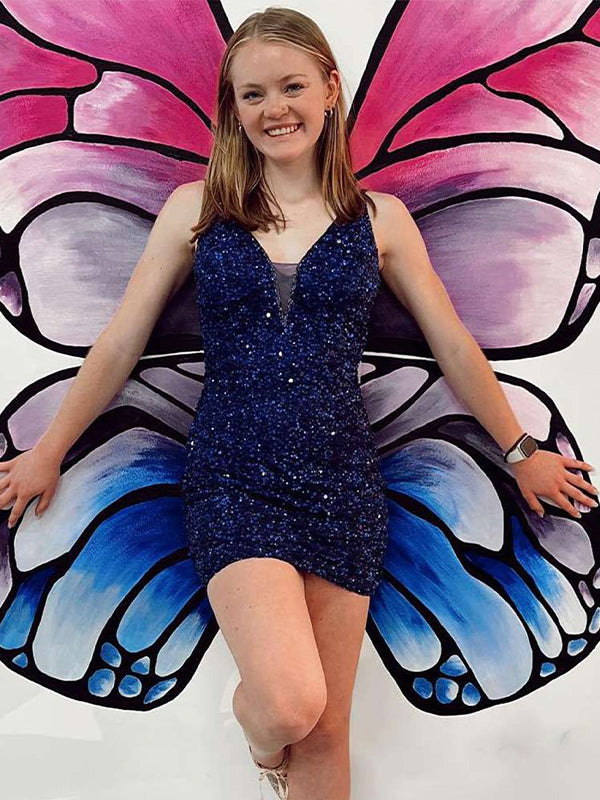Navy Criss-Cross Straps Sequins Short Homecoming Dress