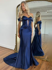 Red Mermaid Off the Shoulder Corset Long Prom Dress with Slit