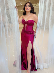Navy Mermaid Strapless Corset Bodice Prom Dress with Slit