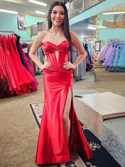 Navy Mermaid Strapless Corset Bodice Prom Dress with Slit