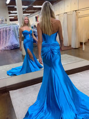 Navy Mermaid Strapless Corset Bodice Prom Dress with Slit