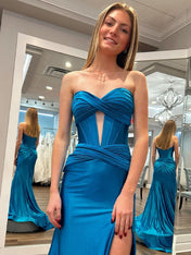 Navy Mermaid Strapless Corset Bodice Prom Dress with Slit