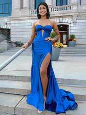 Navy Mermaid Strapless Corset Bodice Prom Dress with Slit
