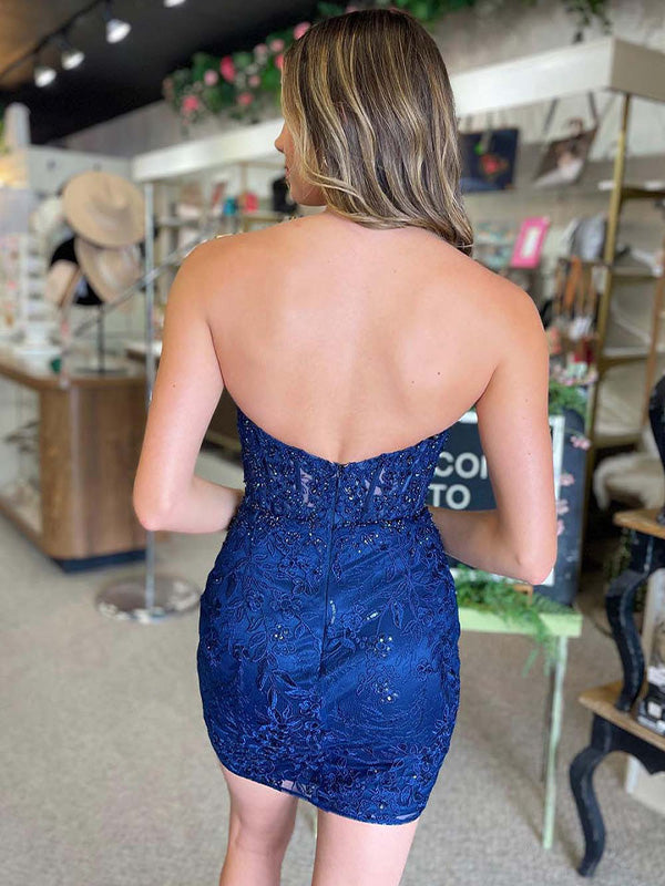 Navy Off-Shoulder Sheath Party Homecoming Dress with Appliques