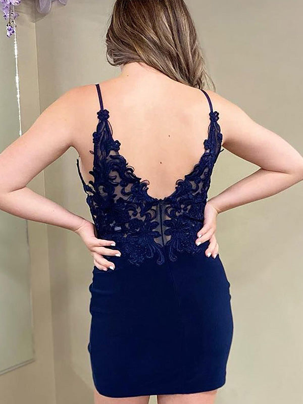 Navy Spaghetti Straps Lace Top Short Tight Homecoming Party Dress