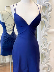 Navy Spaghetti Straps V-Neck Ruched Short Homecoming Dress