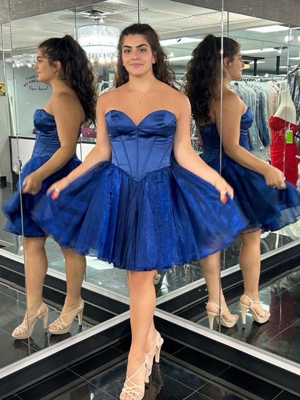 Navy Sweetheart Strapless Tulle A-Line Homecoming Dress