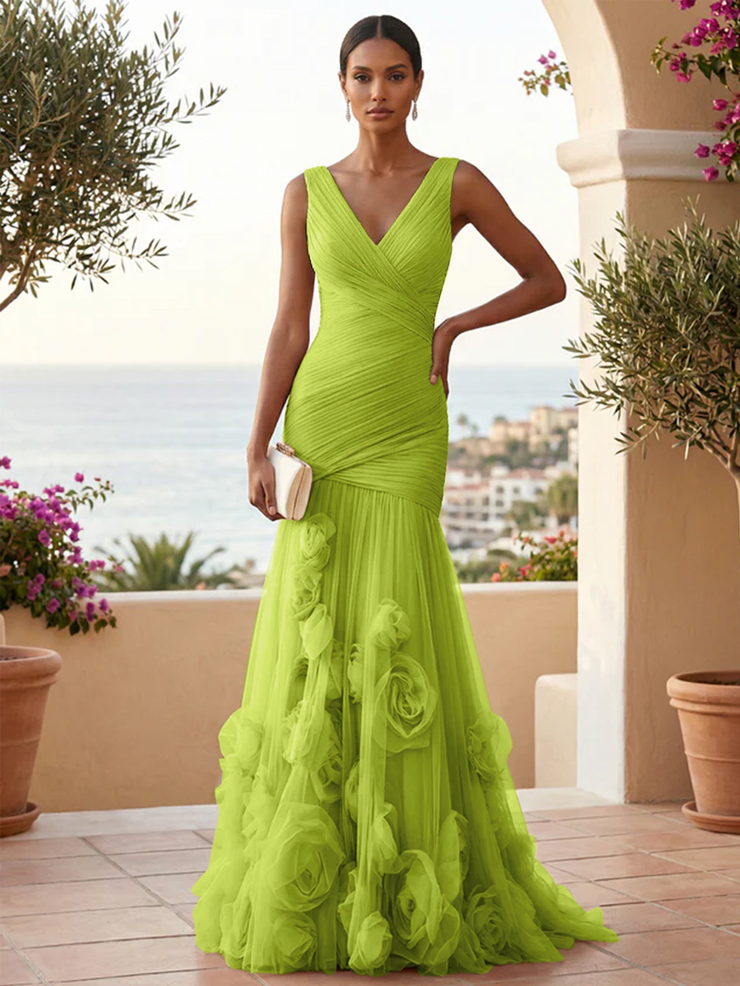 Sweetheart Tulle V Neck Pleat Mermaid Evening Dresses with 3D Flower