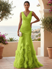 Sweetheart Tulle V Neck Pleat Mermaid Evening Dresses with 3D Flower