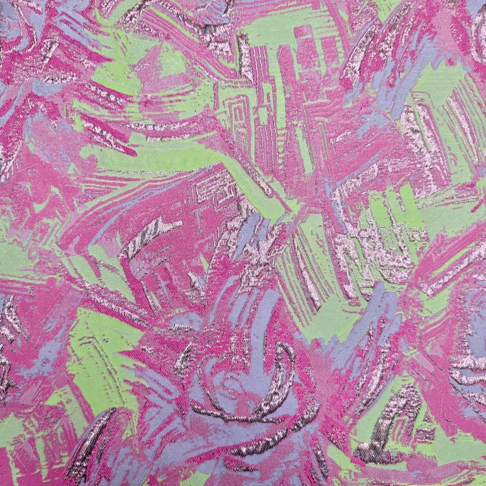 Pink and Lime Green Metallic Brocade One-Shoulder A-Line Gown Dress