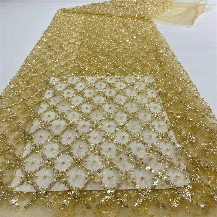 Gold Beaded Mesh Round Neck Capelet Sleeve Floor-Length Gown Dress