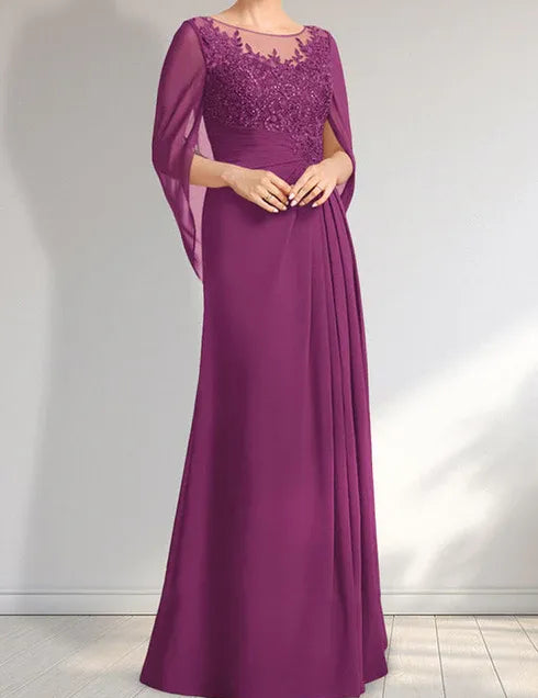 Robe de mère de la mariée trapèze en mousseline de soie et dentelle, longueur au sol, avec décolleté en V et paillettes plissées
