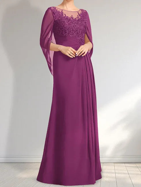 A-line Scoop Illusion Floor-Length Lace Chiffon Mother of the Bride Dress With Pleated Sequins