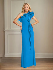 Navy Stretch Crepe Sheath/Column One Shoulder Floor Length Mother of the Bride Dresses With Ruffles