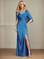 Sheath/Column Satin Scoop Neck Cap Sleeves Floor Length Mother Of The Bride Dresses