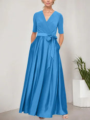 Surplice Neckline Ballgown with Full Satin Skirt & Jersey Bodice