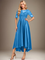 A-line Scoop Illusion Asymmetrical Stretch Satin Lace Mother of the Bride Dress With Sequins