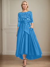 A-line Scoop Illusion Asymmetrical Satin Lace Mother of the Bride Dress With Bow