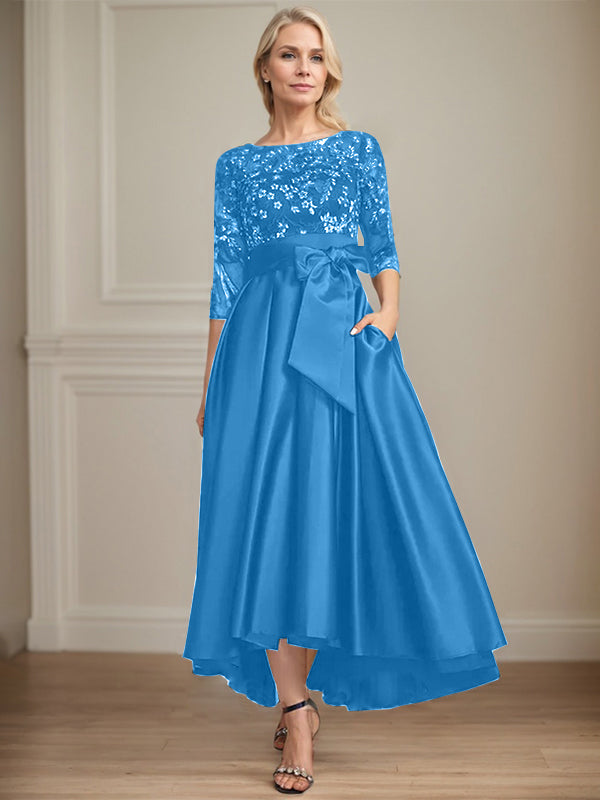 A-line Scoop Illusion Asymmetrical Satin Lace Mother of the Bride Dress With Bow